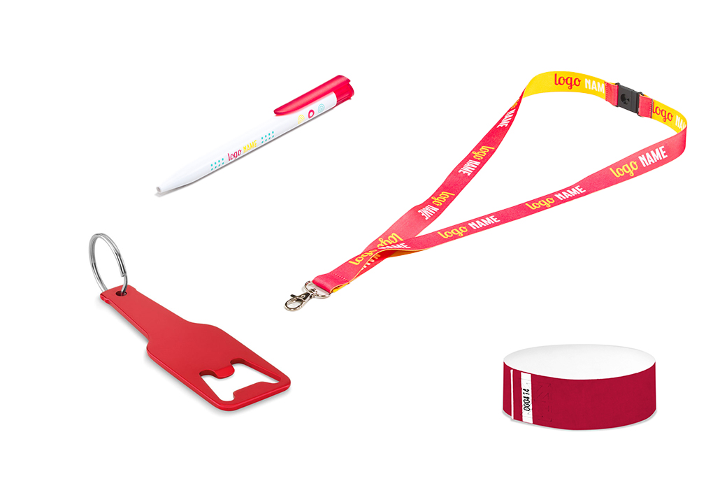 balpennen, sleutelhangers, polsbandjes